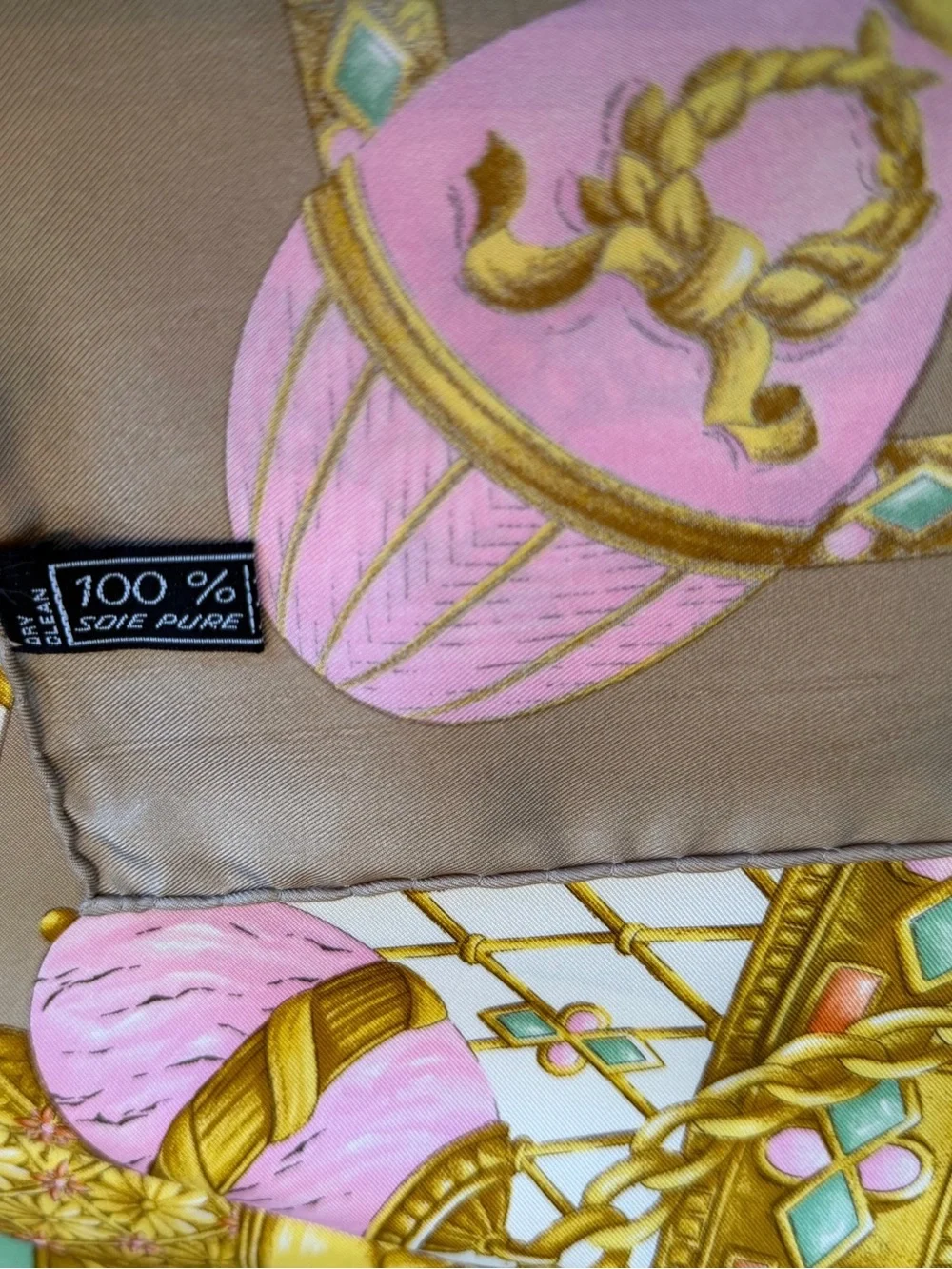 Celine Silk Scarf in Taupe, Pink & Mint with Gold Motif